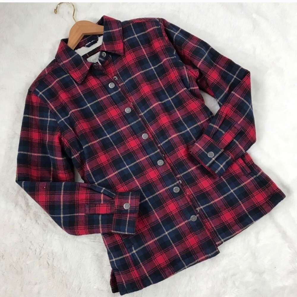 Plaid flannel fleece lined shirt jacket